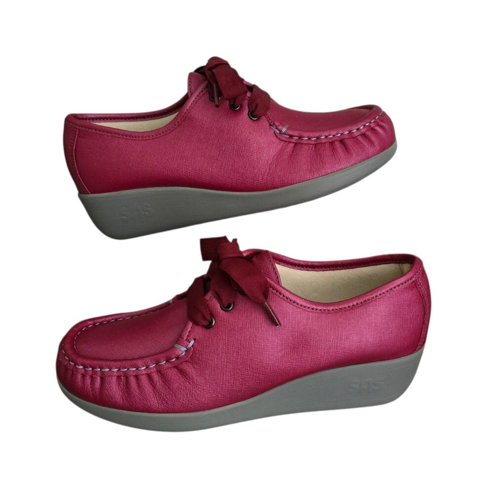 SAS Bounce Shoes Womens Size 7.5 Leather Lace Up Comfort Wedge Cranberry Color